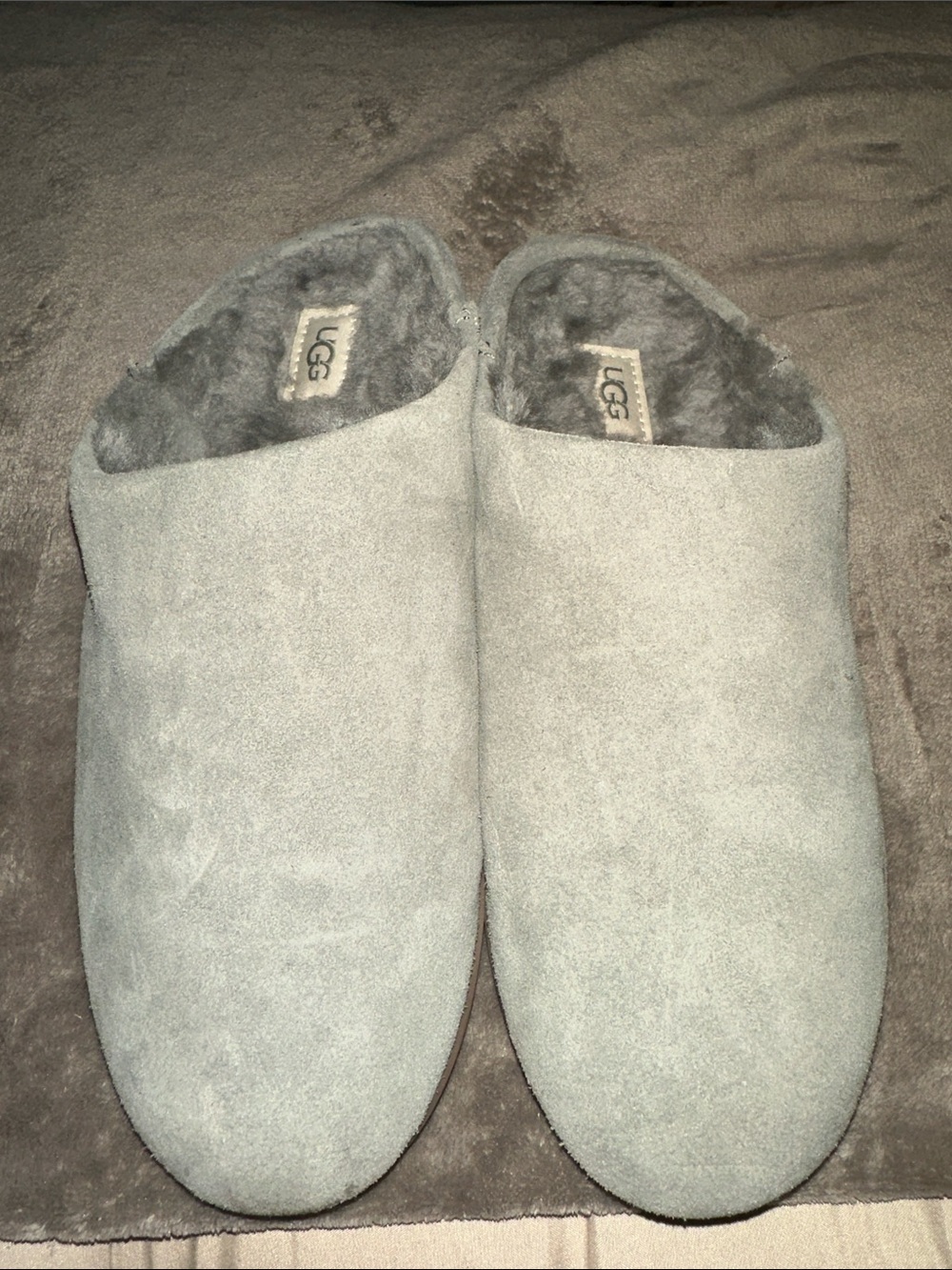 UGG Light Gray Suede Shearling Mule Slippers